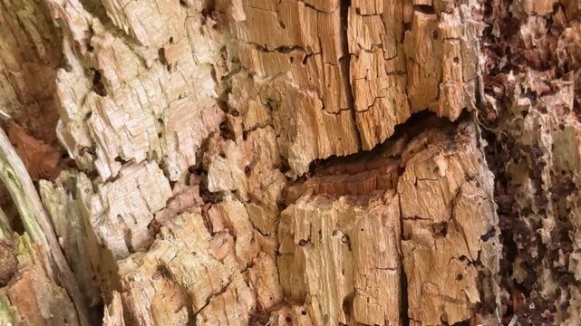 Close up moving shot of rotting wood on a tree with holes and knarled textured background of nature UK 4K 