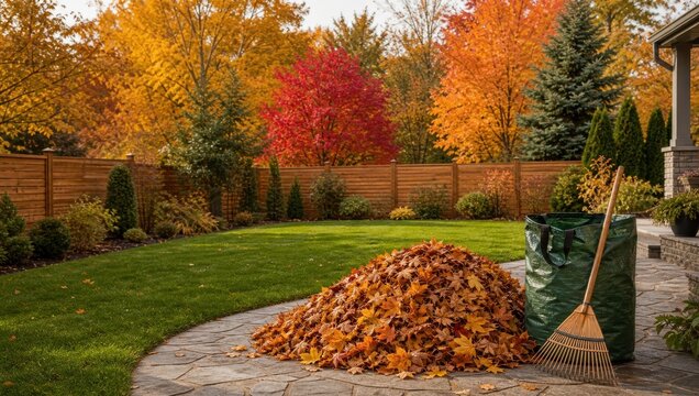 Autumn yard scene with pile of raked fall leaves on flagstone patio next to collection bag and broom against lush colorful trees.