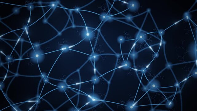 Glowing blue neural network with signals pulsing along axons, AI and neuroscience seamless loop