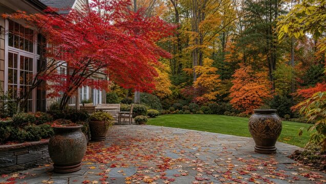Beautiful autumn backyard with a red Japanese maple tree and scattered leaves on a stone patio.