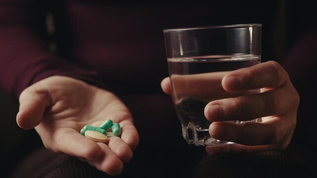 Close-up of a person taking medication with a glass of water. Healthcare, daily treatment, prescription medicine, vitamins and medical therapy concept.