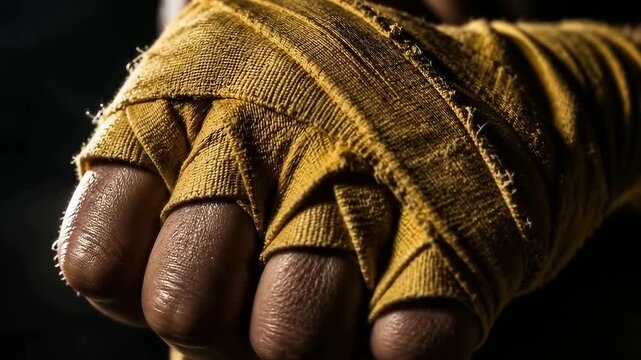 Hand wrapped in yellow athletic tape forming a tight fist