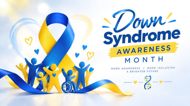Down Syndrome Awareness Month Blue and Yellow Ribbon with Inclusive Community Illustration
