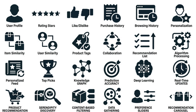 Set of 24 recommendation engine and machine learning icons representing personalization, data gathering, algorithms, filtering, and user behavior analysis