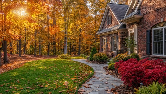 Beautiful autumn brick house exterior with colorful trees and stone walkway.