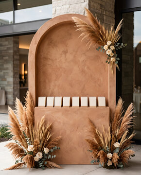 Boho wedding seating chart mockup. Terracotta arch backdrop with blank cards, pampas grass, and white roses. Empty copy space digital illustration for event stationery.
