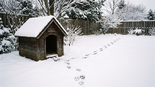 Dog house in snow with paw prints