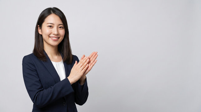 笑顔で拍手をするスーツ姿のビジネス女性と右側の広いコピースペース