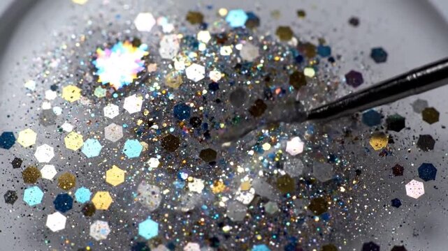 Macro close-up of a makeup brush stirring iridescent hexagonal glitter and sparkling sequins in clear cosmetic gel for artistic decoration, shimmering festive background texture.