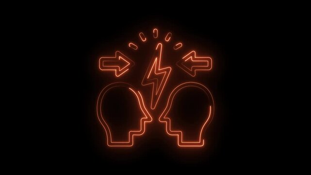 Conflict resolution concept two heads facing each other with a lightning bolt neon style