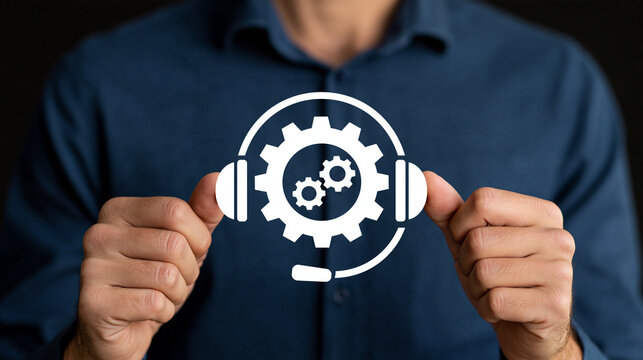 Man holding headset and gear icon representing technical support service  