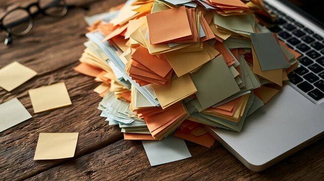A chaotic stack of colorful sticky notes isolated on transparent background. Useful concept for illustrating information overload and heavy office workload.