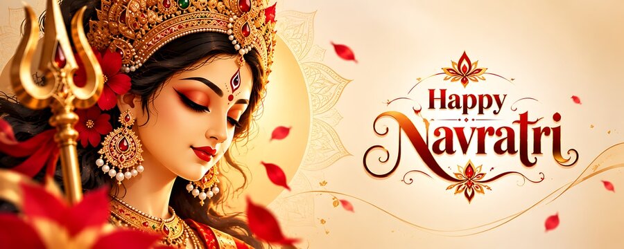 Happy Navratri Festival Banner with Goddess Durga Maa Traditional Decorations