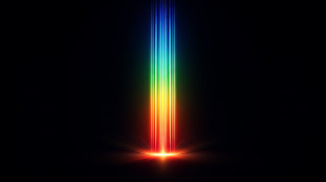 Vertical rainbow light beam glowing with vibrant neon colors on a solid black background