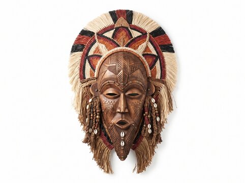 Handcrafted African tribal mask with raffia fringe, traditional carved wood ceremonial mask, ethnic wall art decor with beads and earth tones