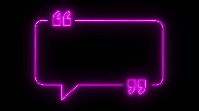 glowing neon Quote frame icon animation neon quote mark. neon Quote box frame. Blank frame. Perfect for social communication, messaging on black background Motion graphics of concept 4k video
