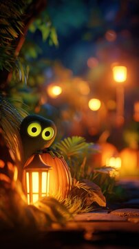 A whimsical scene featuring a glowing lantern, vibrant pumpkins, and lush greenery amidst soft light