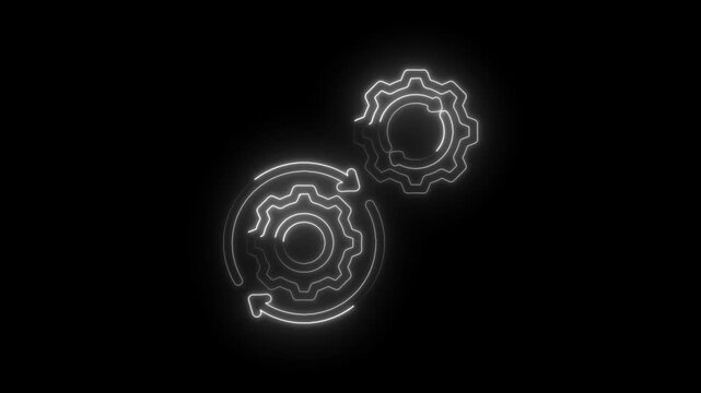 Neon outline of interlocking gears with circular arrows indicating process flow and connection icon