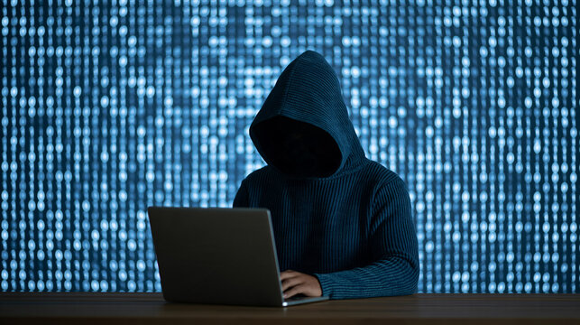 Anonymous person in hoodie using laptop in front of digital code background  
