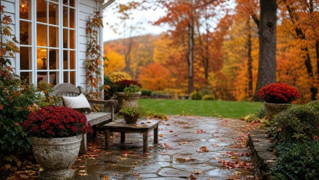 Cozy autumn patio with colorful mums and wooden bench on rainy day.