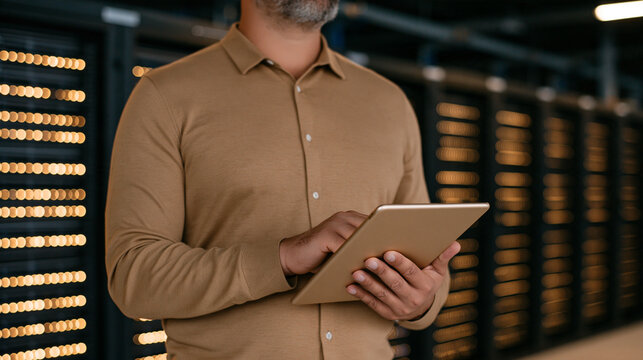 Middle-aged man using digital tablet in data center server room  