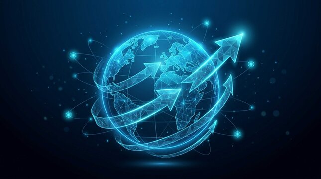 Glowing digital globe with ascending arrows encircles planet mesh, symbolizing global business growth and technology expansion