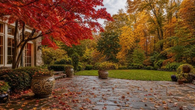 Cozy backyard patio scene with red maple tree and abundant autumn leaves.