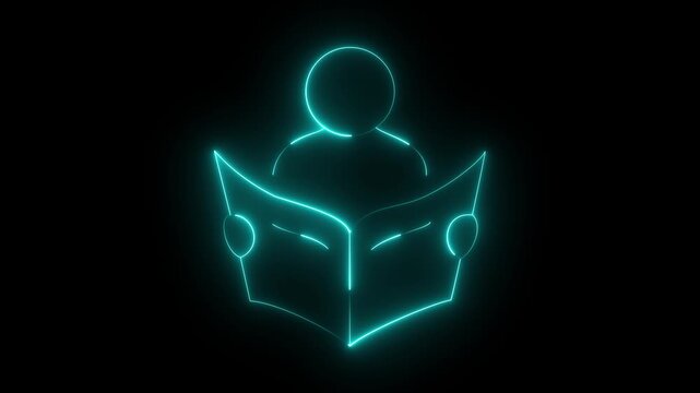 glowing neon person reading book icon isolated on . futuristic education, learning, knowledge study concept. on black background Motion graphics of concept video