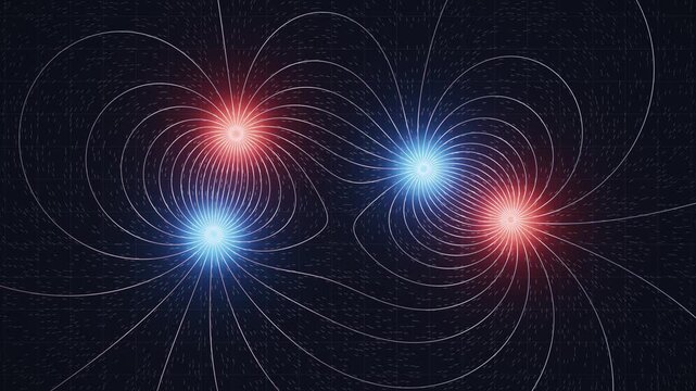 Glowing red and blue magnetic field lines around 2 bar magnets, energy flowing pole to pole, science seamless loop