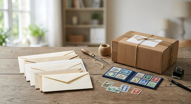 Vintage letter writing and postal preparation with envelopes, a cardboard parcel box, stamps, and a fountain pen on a wooden table