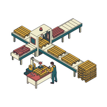 Dynamic Isometric of Woodworking Factory with Worker Assembling Pallets on Conveyor Belt System