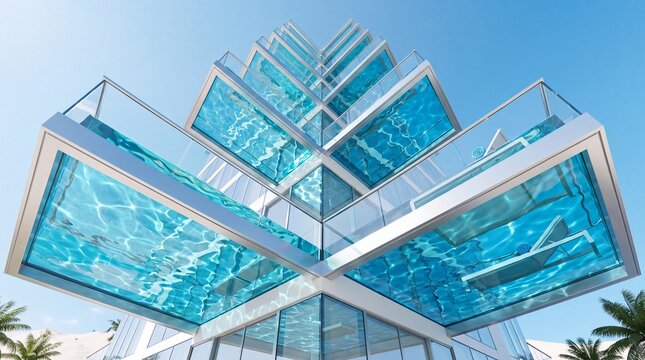 Futuristic Luxury Building with Glass Cantilever Swimming Pools