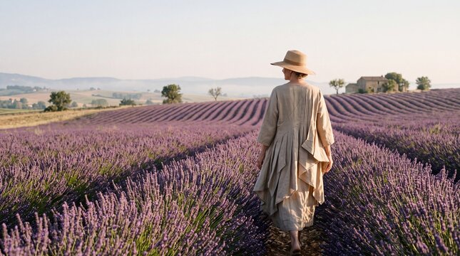 Woman in Straw Hat Walking in Provence Lavender Field