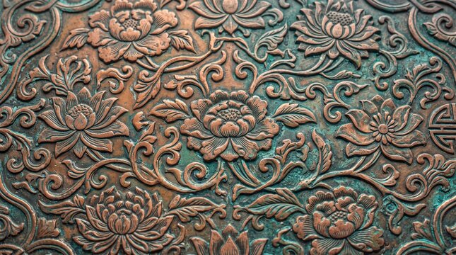 Antique Copper Relief Texture with Traditional Floral Pattern