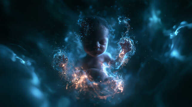Human Fetus Floating in Glowing Cosmic Fluid