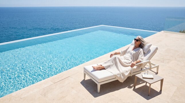 Senior Woman Relaxing by Luxury Infinity Pool Overlooking Ocean