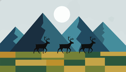 Fototapeta premium Three black deer walking across a flat field in front of sharp blue mountains and a bright white sun.