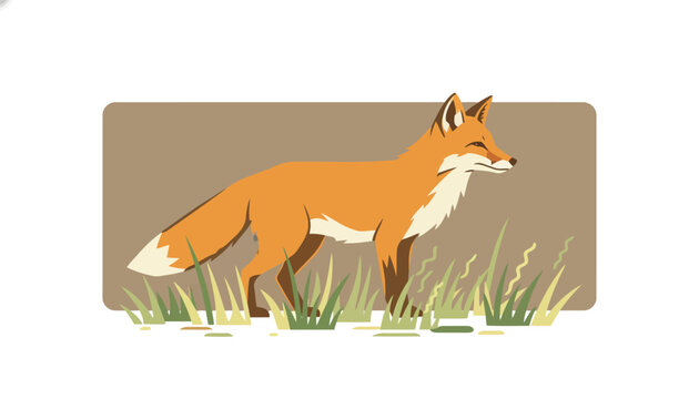 Elegant red fox standing gracefully in tall green grass in front of rectangular panel background.