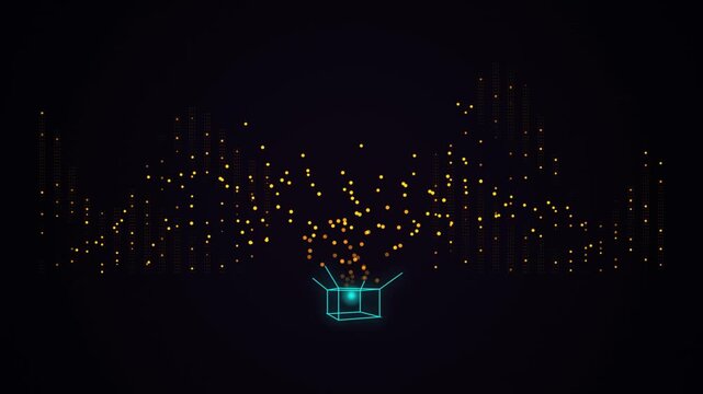 Futuristic digital particle emission from a glowing wireframe cube abstract data visualization backg