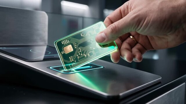 A hand presents a smart circuit card above a contactless reader. Digital payment technology, secure transactions and financial innovation.