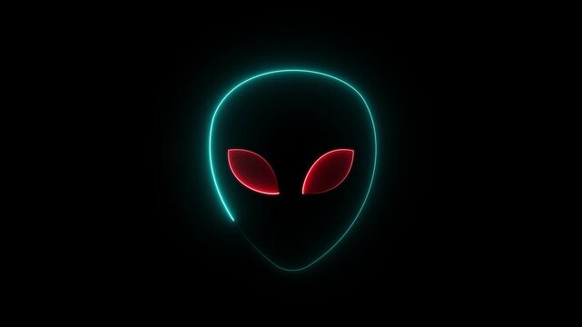 neon Alien head icon animation on black background. Martian head icon animation. Extraterrestrial alien face or head icon symbol. Space alien face animation Motion graphics of concept video