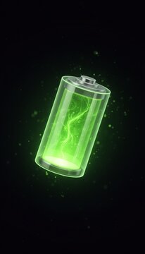 Translucent battery cell glowing with vivid green energy floating in dark space
