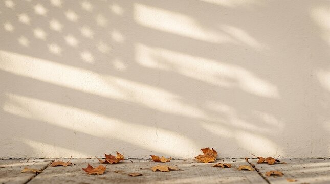 American flag shadow cast on a beige wall with fallen autumn leaves