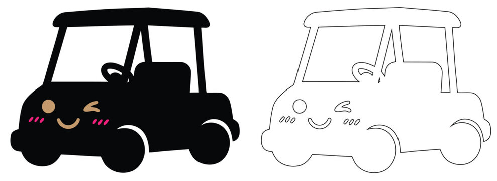 Cute smiling golf cart vehicle vector illustration in solid and outline graphic styles   