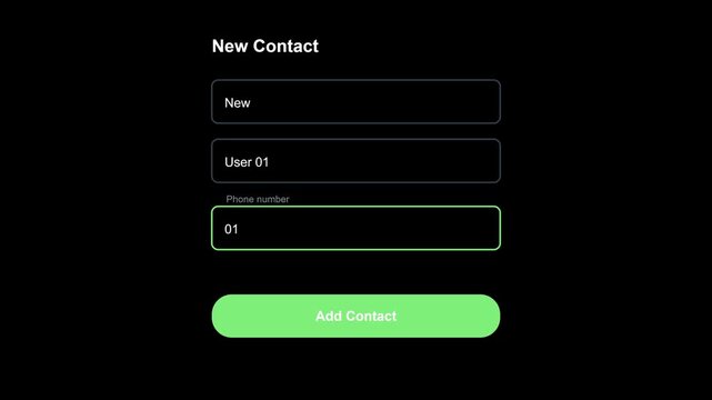 Contact details are being entered into a generic digital form labeled 'New Contact' on a dark user interface.