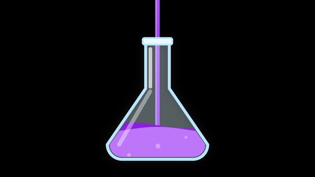 Purple liquid slowly fills an animated conical laboratory flask set against a deep black background.
