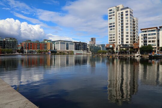 Skyline of Grand Canal dock in downtown Dublin, Ireland. Modern office and residential architecture.