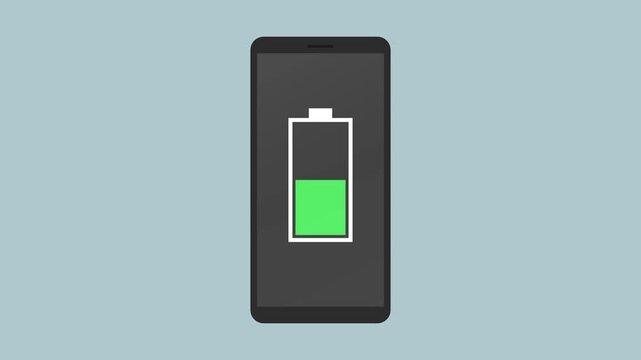 A smartphone's battery indicator depletes from a full green charge to a critical red warning against a light blue background.