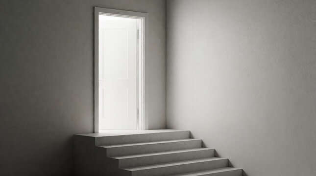 A light-filled doorway leading to stairs in a minimalistic interior