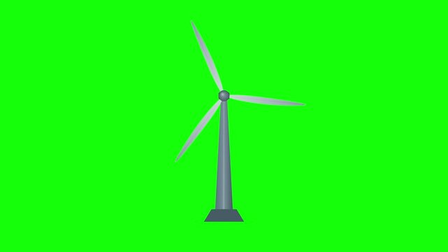 Slowly rotating, a three-bladed wind turbine is centered on a vibrant green screen background.